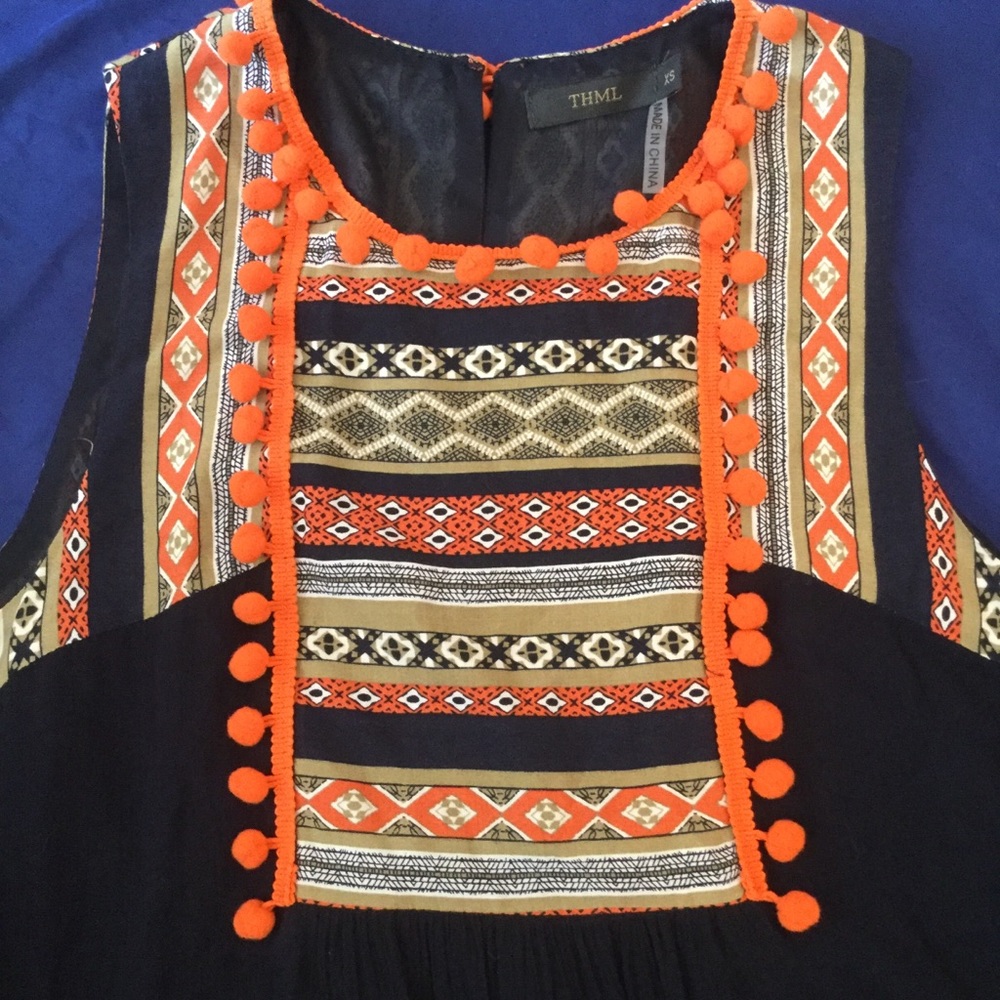 THML Orange Pom Pom Boho Tunic Shift Dress